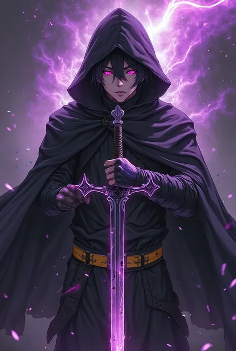 shadow male black majority purple jacket black cloak cross shaped sword black hair red but purple aura eyes black purple hoodie yellow black belt has magic power