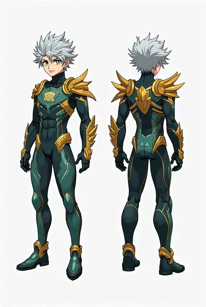 lA My Hero Academia-style superhero named WyvrenGale, shown in both front and back views. He is a 16-year-old male with silver hair and black eyes. He wears a battle suit inspired by Ventus Master Ingram from Bakugan, with a sleek and aerodynamic design. T...