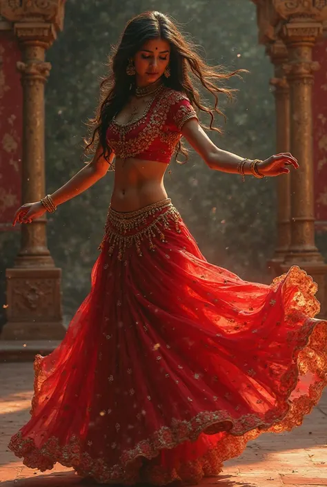 Indian sexy female dancer in red skurt dancing