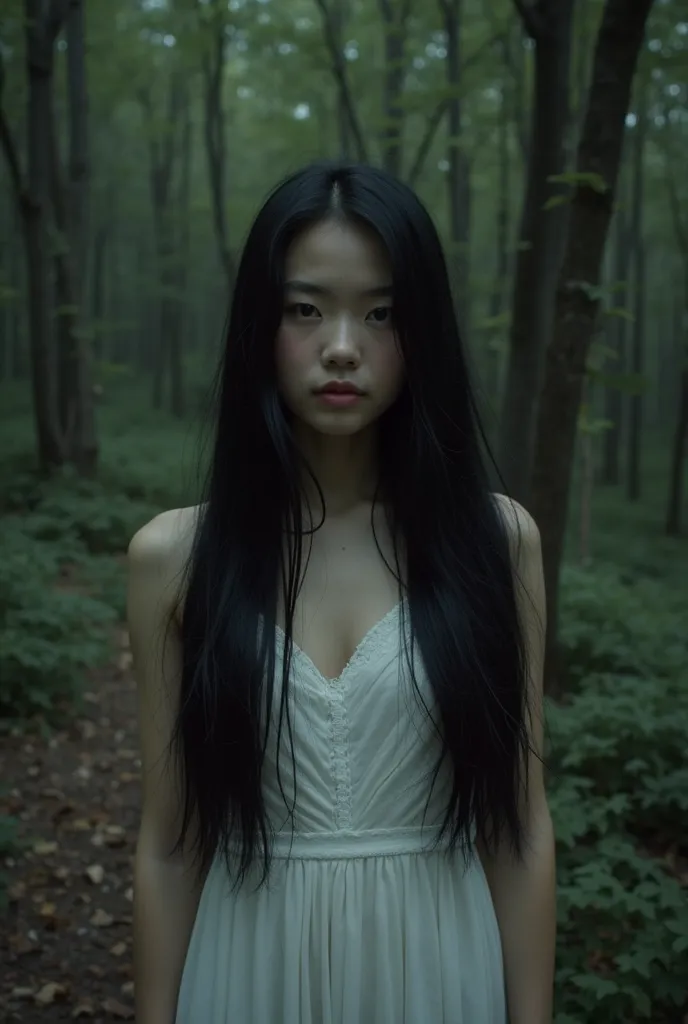 In a dark forest/ Tetra is there a young woman about 19 years old with long straight black hair, She is lightly made-up, is dressed in a white dress, The light must be low and the forest dark and the photo must be taken from above,