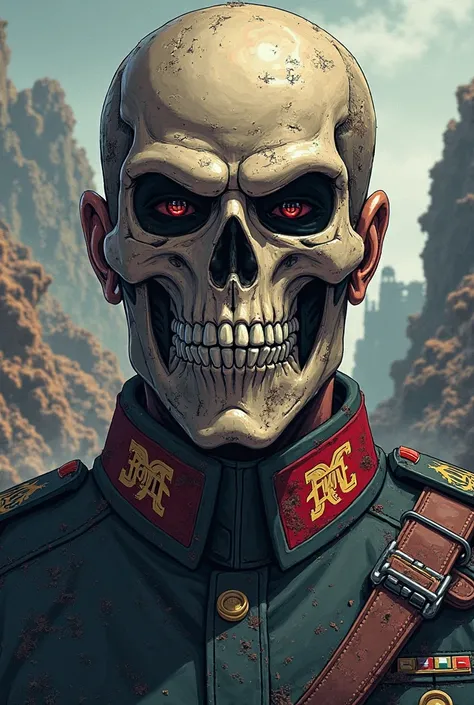 A man, commander with a soldier's hat. Has a skull mask, anime style