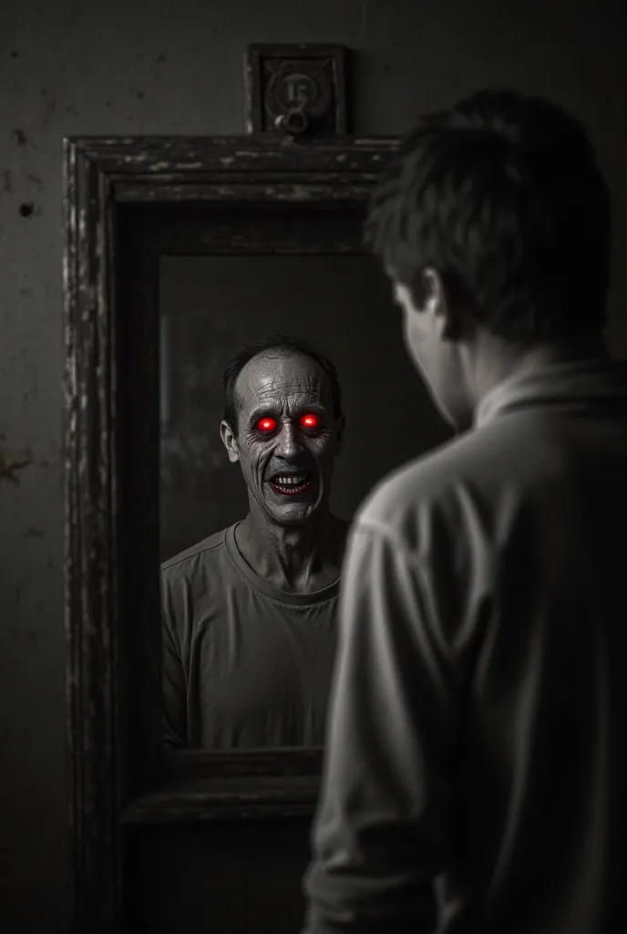 An old, dusty mirror in a dark room.  in front of the mirror, the reflection of a person with a terrified expression. However, Something's not right: His eyes shine in an intense red, as if they were burning. His skin appears pale and lifeless, and his mou...