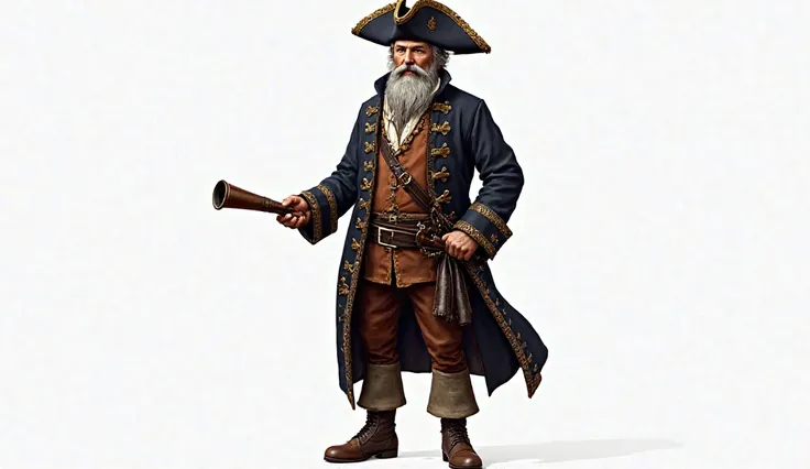 "A highly detailed, realistic portrait of an 18th-century British sea captain with a long coat, tricorn hat, leather boots, and a serious expression. He has a thick beard and holds a vintage telescope in one hand. The character appears weathered by the sea...