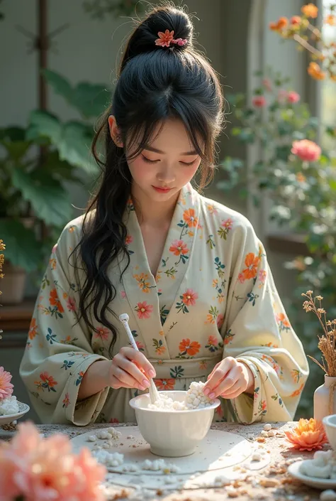 Avatar making art with cold porcelain,   with black hair tied up, With flowery clothes AI 