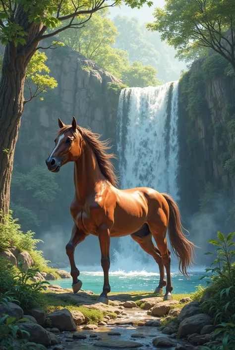 A horse near a waterfall in a country forest