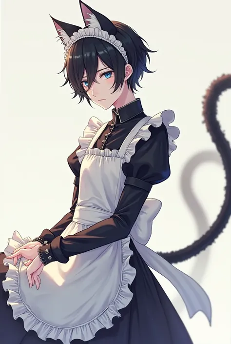 anime style, 18-year-old boy with an effeminate body, gay, black hair,  blue eyes,  white skin,  cat ear, cat&#39;s tail, wearing maid clothes and showing her whole body