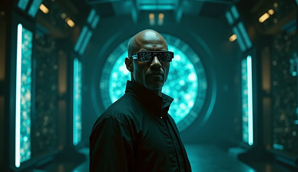 "A hyper-realistic, 4K cinematic scene of Morpheus, "Laurence Fishburne" film Matrix standing in a dark, futuristic room illuminated by neon blue and golden lights. His expression is wise and intense, as if he holds the knowledge of the universe. His iconi...