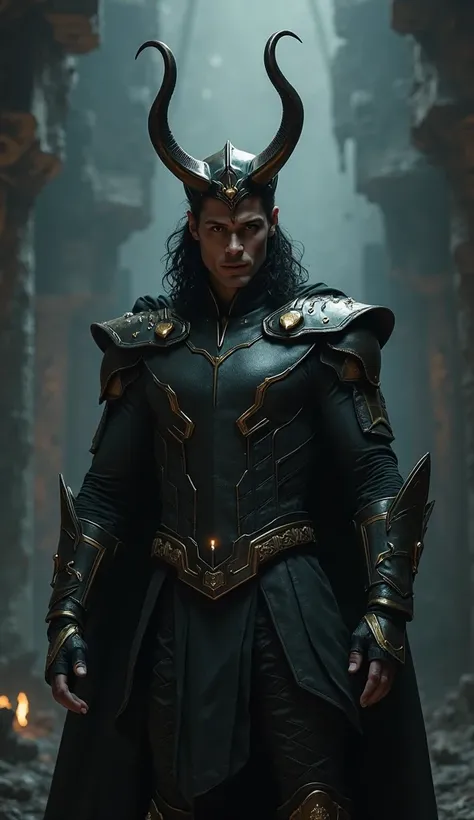 Marvel's Loki with his costume and helmet with horns in shades of black and looking like dark age armor walking toward the camera in a dark setting.