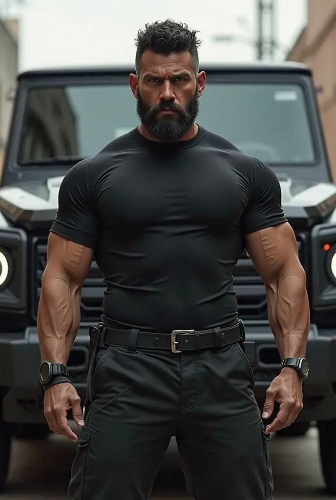 male 25 years old,large 
 physiques,with short hair without combing up, with a thick black beard ,in black clothes,stands in front of an SUV,in front