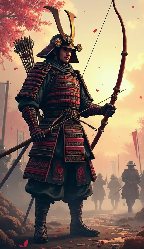 An 8K ultra-high-resolution illustration of a Japanese samurai archer in an ancient anime art style, dressed in black and red traditional armor with intricate lacquered plates and woven chainmail. The armor features bold patterns, such as waves, clouds, an...