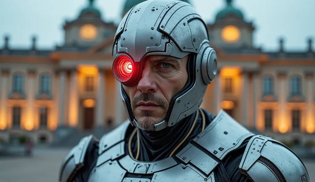 A futuristic cybernetic warrior with a half-human, half-machine face stares intensely at the viewer. His left eye glows red, embedded within a sleek metallic helmet that covers part of his head. His body is enhanced with advanced robotic armor, featuring i...