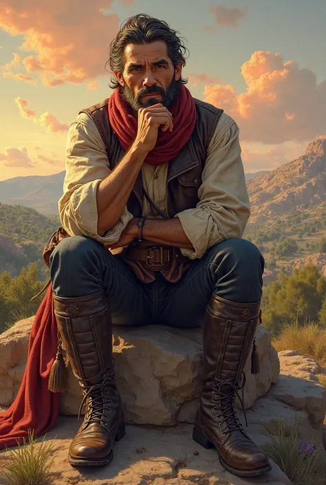 Highly detailed three-quarter portrait of an early 19th century Spanish bandit, aged about 50, sitting on a rock high on a mountain, against a backdrop of Andalusian plain dotted with olive trees. He has a weathered face, a penetrating gaze and distinctive...