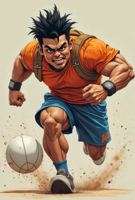 a side shot of a muscular chungungo wearing orange uniform or equipment on his chest and blue in a t-shirt and shorts running quickly and with an aggressive face showing his teeth with a white Rubg ball