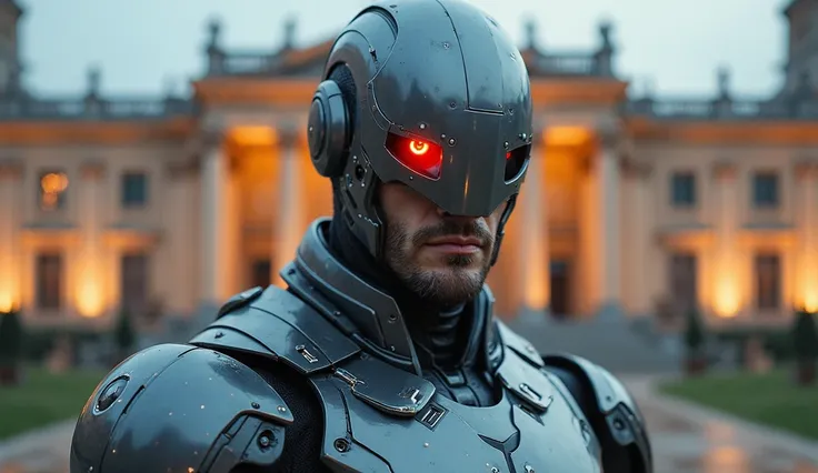 A futuristic cybernetic warrior with a half-human, half-machine face stares intensely at the viewer. His left eye glows red, embedded within a sleek metallic helmet that covers part of his head. His body is enhanced with advanced robotic armor, featuring i...