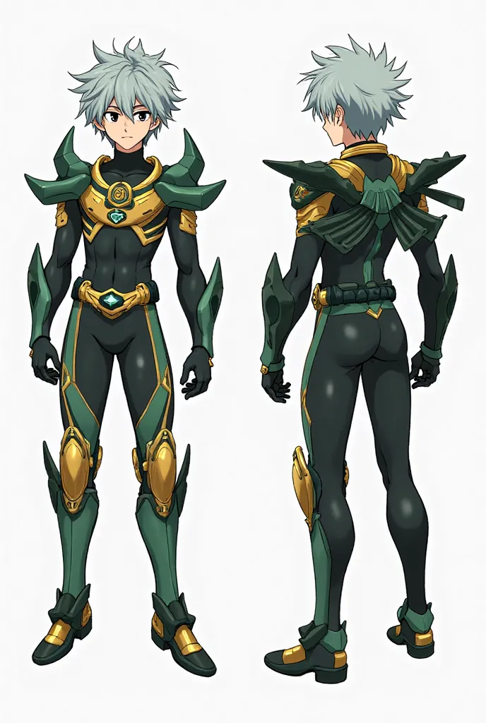 lA My Hero Academia-style superhero named WyvrenGale, shown in both front and back views. He is a 16-year-old male with silver hair and black eyes. He wears a battle suit inspired by Ventus Master Ingram from Bakugan, with a sleek and aerodynamic design. T...