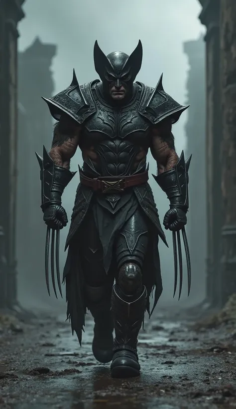 Marvel's Wolverine with his costume in shades of black and looking like dark ages armor walking toward the camera in a dark setting.