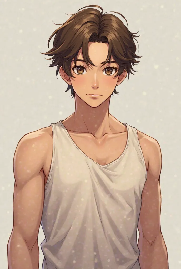 man, height 170cm,  brown,  brown eyes,Muller haircut, not so thin body (of anime)