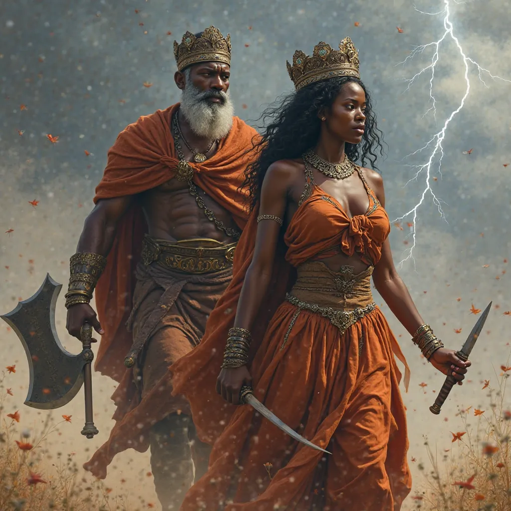 Realistic black man on the move, , strong, warrior,   gray beard, with his bronze axe in his hand, Bronze crown, tusa terracotta, Terracotta cloth crossing the shoulders, Realistic black woman on the move, Wearing a round terracotta skirt, on the top terra...