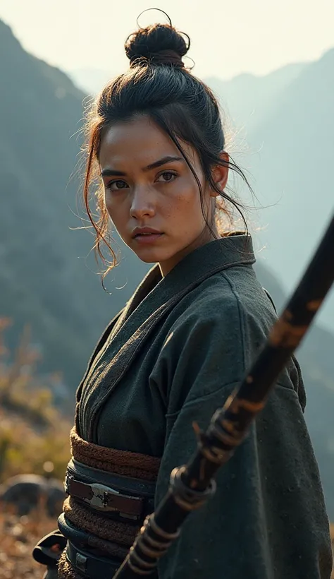 A 25-year-old samurai woman, hair tied in a traditional bun, with an expression of confidence and bravery. She is in a combat posture with the naginata,  in a mountainous landscape , with rays of sunlight illuminating her figure, creating a strong contrast...