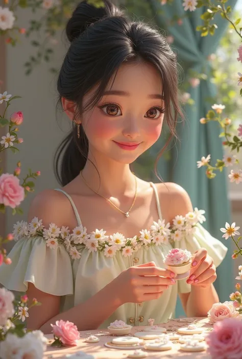  cute,  black hair tied, brown skin, brown eyes,  smiling,  flowery dress ,  Making crafts with cold porcelain AI Disney