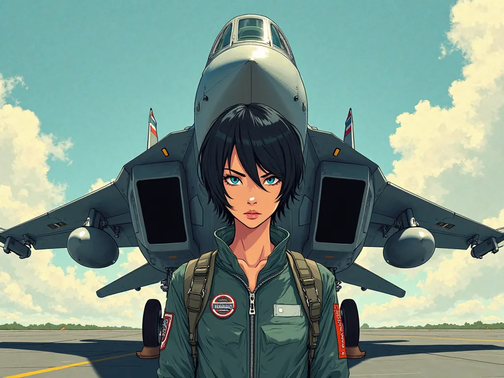 Young woman with black hair cut short with frankness in front of her left eye , Blue eyes in are F-14 Tomcat before takeoff Manga painting  






