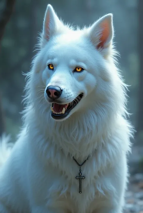 Create a monster with the following characteristics: Let it be like a white dog, with round ears with sharp teeth, beautiful, Very careful and that she has a cross around her neck