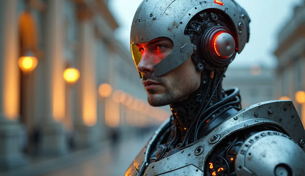 A futuristic cybernetic warrior with a half-human, half-machine face stares intensely at the viewer. His left eye glows red, embedded within a sleek metallic helmet that covers part of his head. His body is enhanced with advanced robotic armor, featuring i...