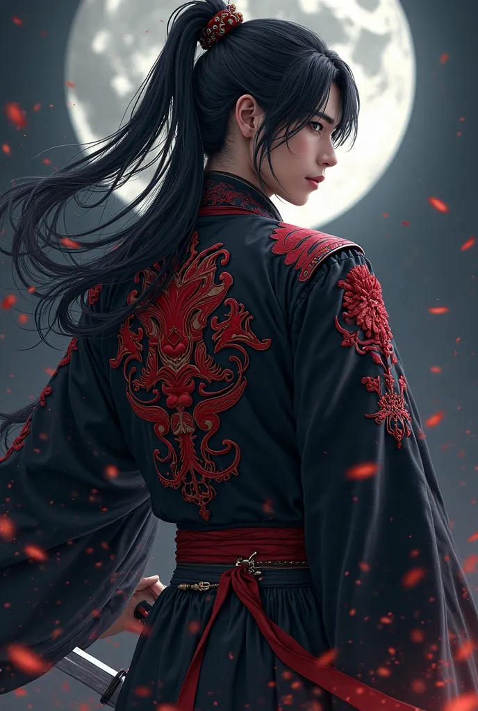 A male character with a, with long obsidian black hair and a dark antique suit ( Black or dark gray ) back with red embroidery on the sleeves and belt.  On the back, there is a large design of an Asura embroidered in red,  with fluid and dynamic lines .The...