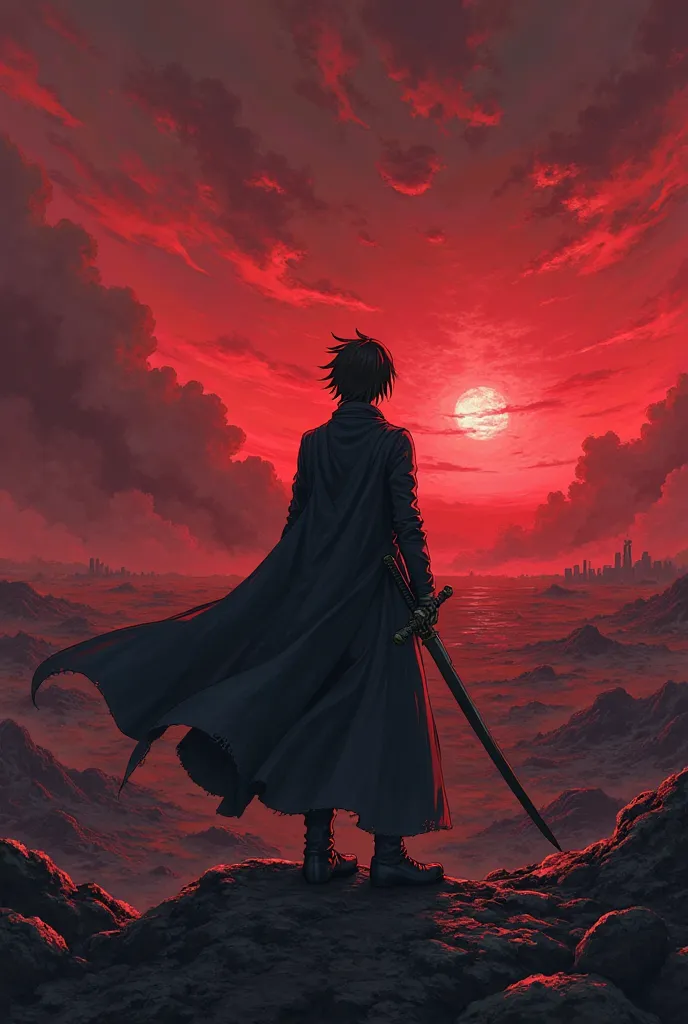 A swordsman dressed in a black suit similar to Kirito from the anime Sworld ard online,  observing the horizon , In front of him, a post-apocalyptic landscape with red ashes flying in the wind, the land full of debris and the surface covered by black ash, ...