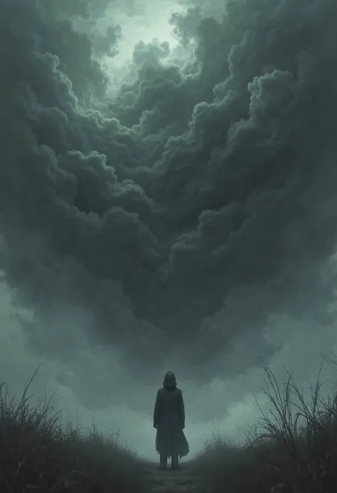 A person surrounded by dark clouds focusing on them