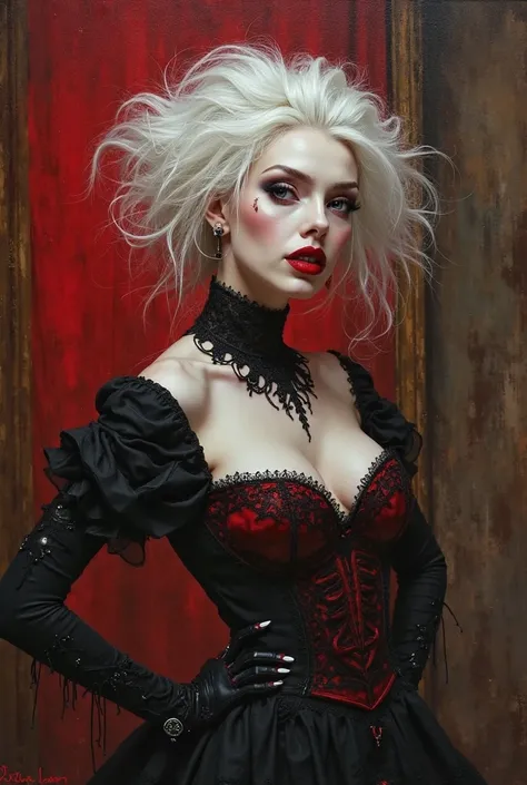 fantasy portrait of a gothic woman, dressed in black and red lace, wild white hair, pale face, red lips, dark eye makeup, seductively, red salon in backround, wild, crazy, cards, oil painting style, strong lights focus, raised chin, proud, missy from docto...