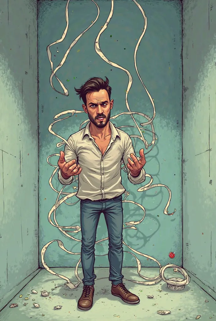 Man alone in an empty room,  his hands shaking , while strings seem to grow from the walls and wrap around him, symbolizing your guilt"  cartoon style cartoon