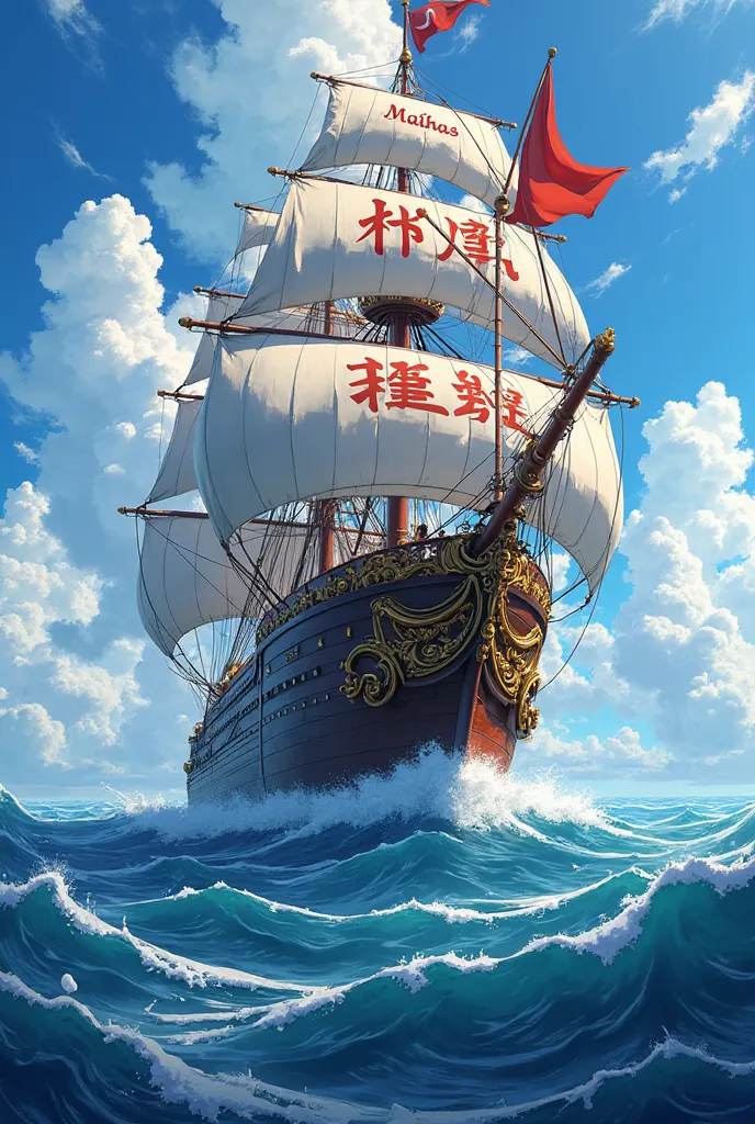 Big anime-style boat, And in the upper part in the middle that says Mathías