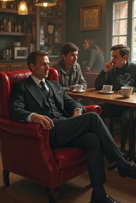 A man sitting on a red leather chair in front of a counter And drinks coffee , and two men sitting at an adjacent table, talking Seriously and sad looks  to each other near him. 