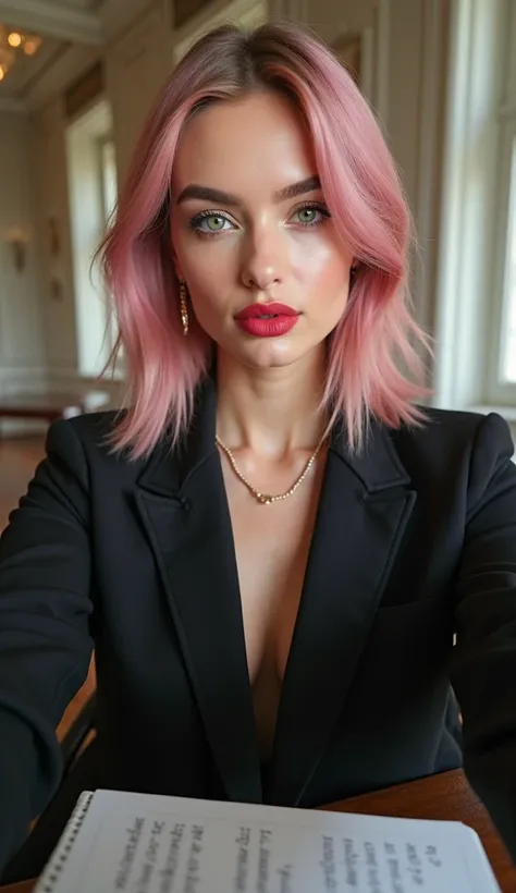 Realistic photo, a 20 year old American woman, Chanel straight hair, pink hair, arched eyebrows, full mouth, her eye color is light green, she is natural, has a beautiful physical body, she is a little strong, model, sexy, ultra realistic, she is taking a ...