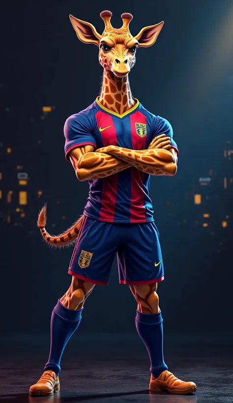 A powerful and fierce giraffe mascot for an e-sports club, standing with arms crossed in a dominant pose. The giraffe has an intense and aggressive expression, exuding confidence and strength. It wears a navy blue and red uniform: a jersey with vertical bl...