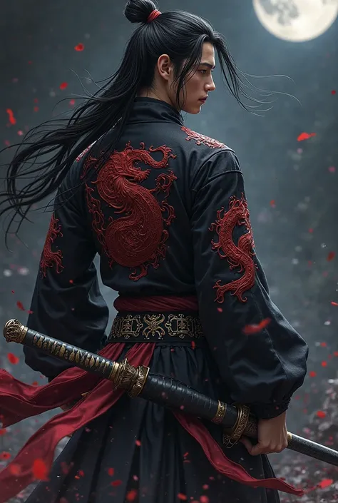 A male character with a, with long obsidian black hair and a dark antique suit ( Black or dark gray ) back with red embroidery on the sleeves and belt.  On the back, there is a large design of an Asura embroidered in red,  with fluid and dynamic lines .The...