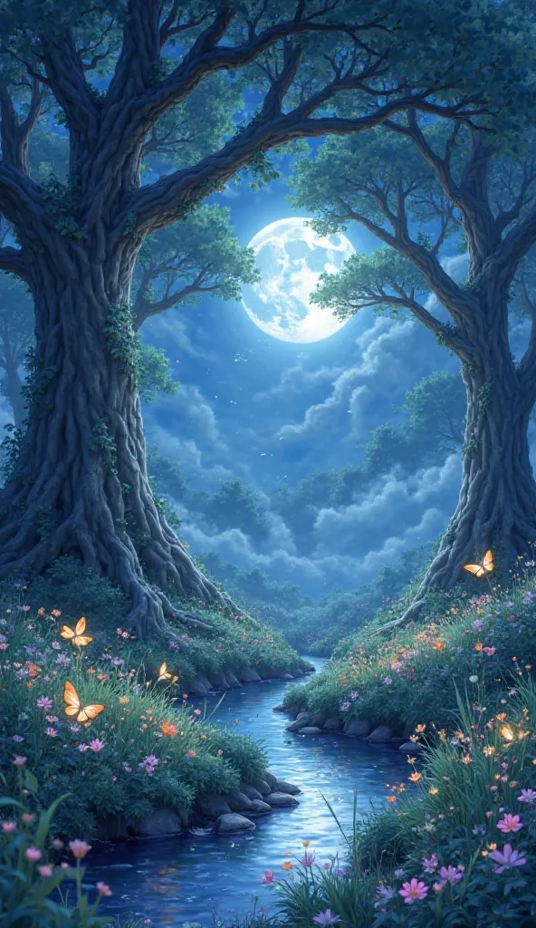 Magical and serene anime landscape in 4K quality, captured with a 50mm lens, inspired by the style of Hayao Miyazaki. The scene features a breathtaking twilight meadow illuminated by the soft glow of a silver moon. Delicate butterflies with glowing wings f...