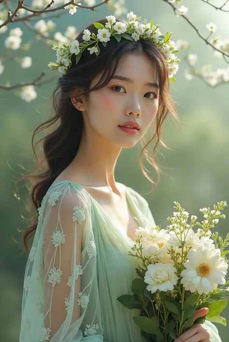 
**Ultra-realistic, high-fashion portrait of a serene woman in a pastoral setting, exuding a soft and ethereal aura. She is adorned in a flowing, light green dress with delicate, semi-transparent lace sleeves that feature intricate floral patterns, adding ...