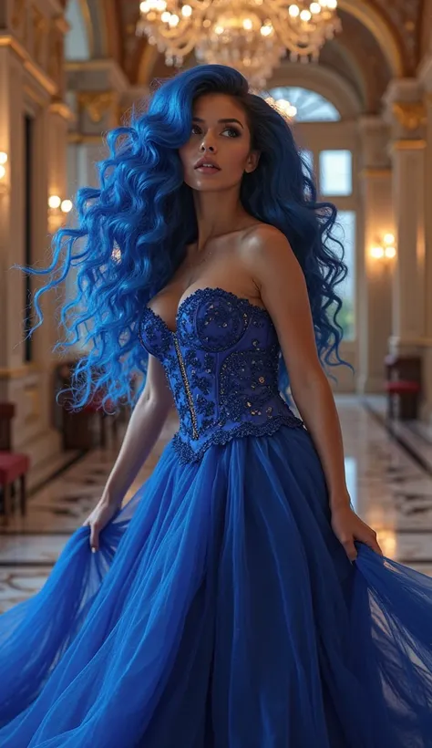 A gorgeous influencer with long cobalt blue curly hair and big breasts, Wearing an evening dress with a corset and dancing in a ballroom