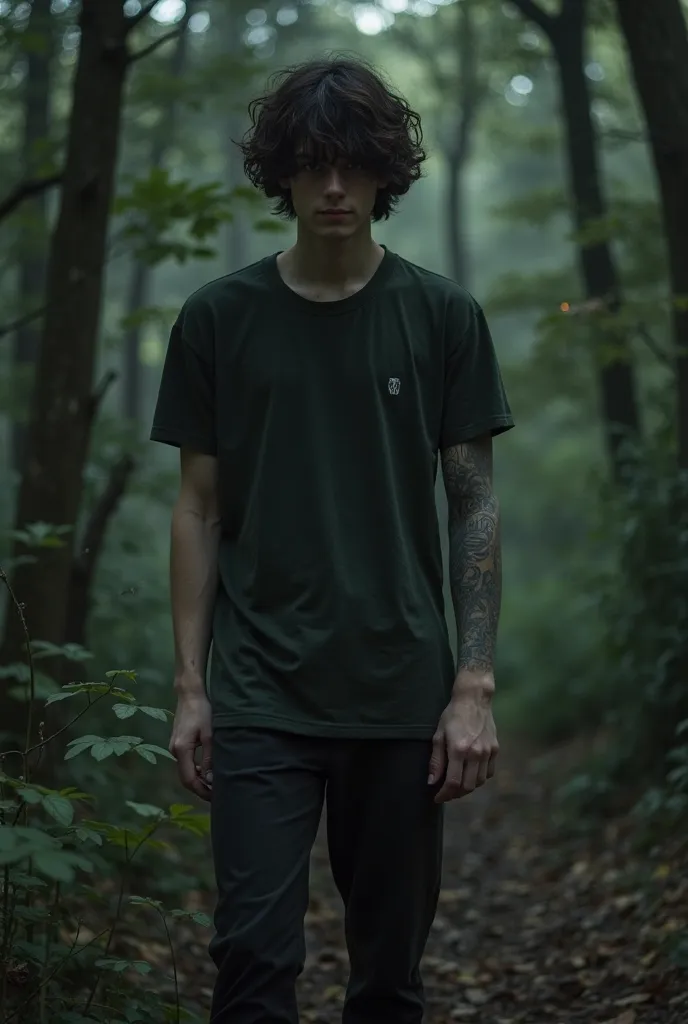 In a dark forest/ Tetra is there a young man about 19 years old with wavy dark hair, He is dressed in pants and a t-shirt, He has tattoos on his arm the light must be low and the forest dark and the photo must be taken from above