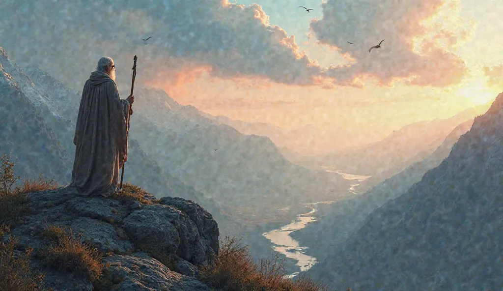 An epic setting of a wise old man standing on top of a mountain, with a vast valley and a river meandering below.  He's on his back,  holding a staff, as you observe the horizon at dawn. The sky is in shades of blue, pink and gold, with birds flying in the...