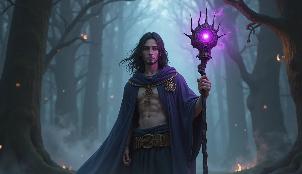 skinny young man with goatee and long black hair, dark cover, wizard, One-handed staff with a skull in the handle, a purple eye,  casting spell ,
