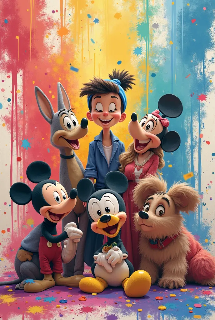 hilariously from the Disney movie with all the characters in the middle posing and around them drops of paint colored with autism colors