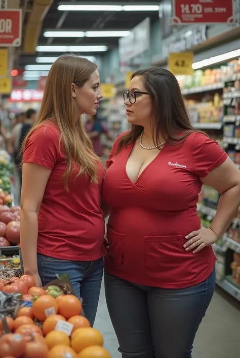 In a crowded supermarket, a massive hips pawg plus-sized 30-year-old white supermarket cashier with glasses, dressed in red cashier uniform and jeans, leans seductively over a student's desk while a seated muscle boy gazes longingly at her enormous cleavag...