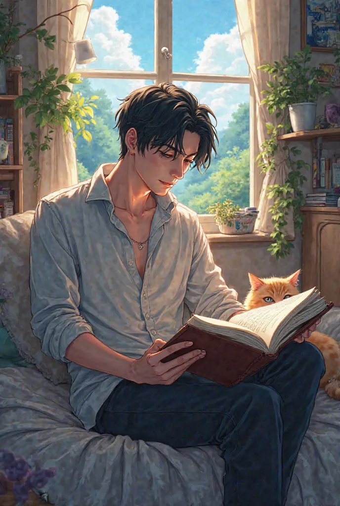 Anime boy around 19 years old mature in his nice messy bedroom immersed in reading a book with his cat including a beautiful scenery and a colourful background