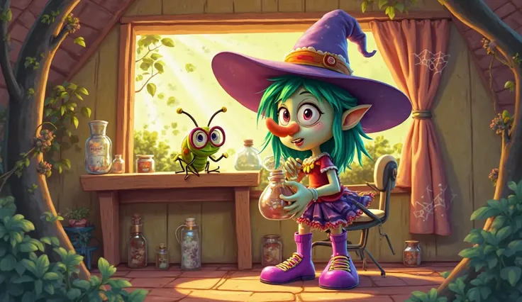 cartoon witch brews a potion in a funny shack. funny cockroach with glasses sitting on her shoulder. the witch has green hair and a funny nose, Colored clothes , colored stockings, purple bright shoes. in the window sun. web curtains .