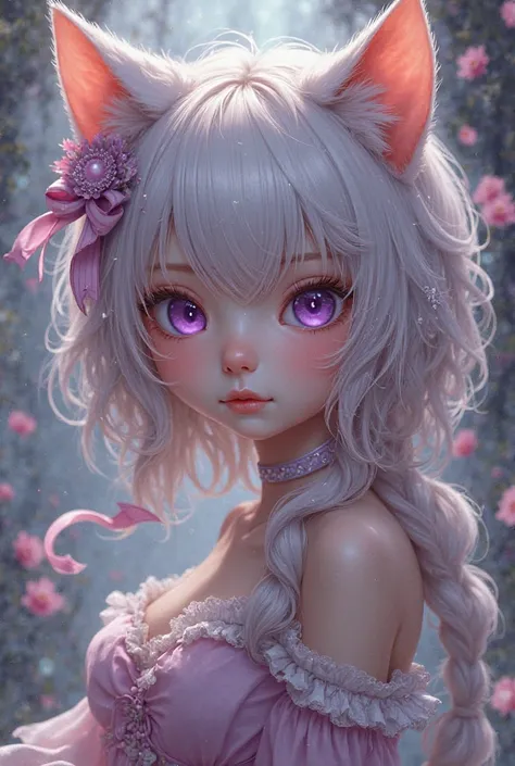 Animal Ears,  purple eyes,  Cat ears, High resolution, fringe,  Lolita hair ribbon , 