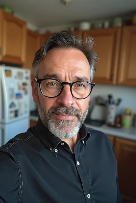 There's a man with glasses and a beard in a kitchen, selfie photograph 8k , with glasses and beard, 38 years old, 3 , looking directly at the camera, Selfie of a stylish man, from 40 years ago, 3 , looking directly at the camera, (38 years old), looking di...