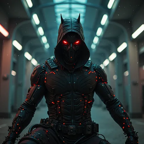 Dark portrait of a cross between the Red Hood and DC's Terminator, with intricate angular cybernetic implants inside a brutalist building, brutalist gothic, cyberpunk, Award-winning photo, Bokeh effect, neon lights, cybernetic limb